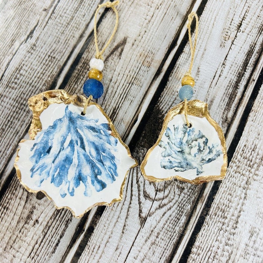 Oyster Shell Blue Coral Ornament Beach Glass Pearl 24K Gold Trim Christmas Set 2